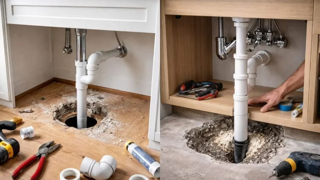 Installing Bathroom Vanity Plumbing Through Floor Drain Pipe
