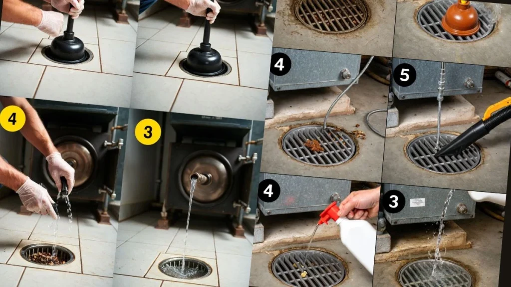 Step-by-step cleaning process for clogged furnace floor drain
