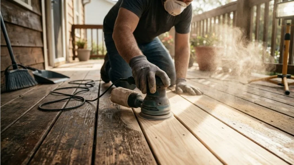 sanding and smoothing porch floor