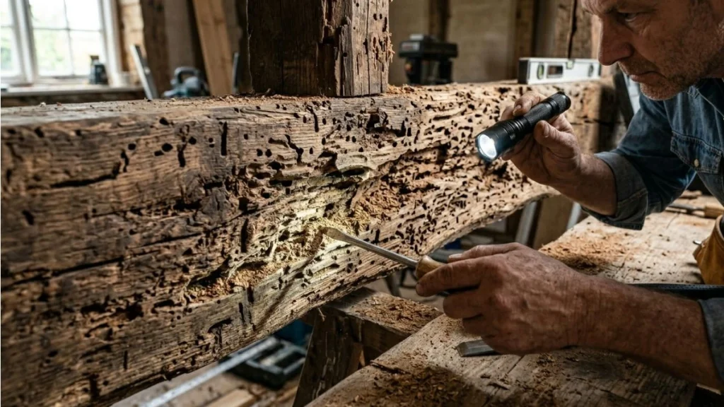 Assessing termite damage wood beam