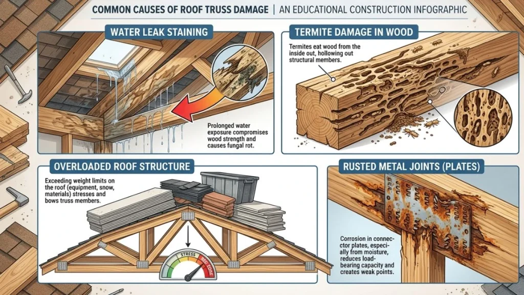 Common causes roof truss damage infographic