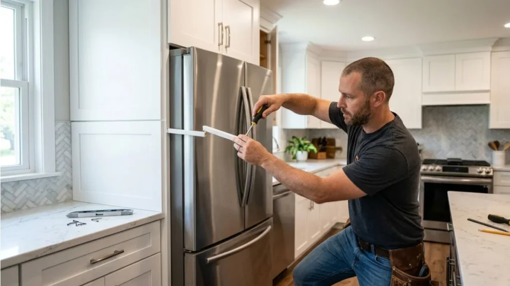 Installing adjusting cabinet trim refrigerator