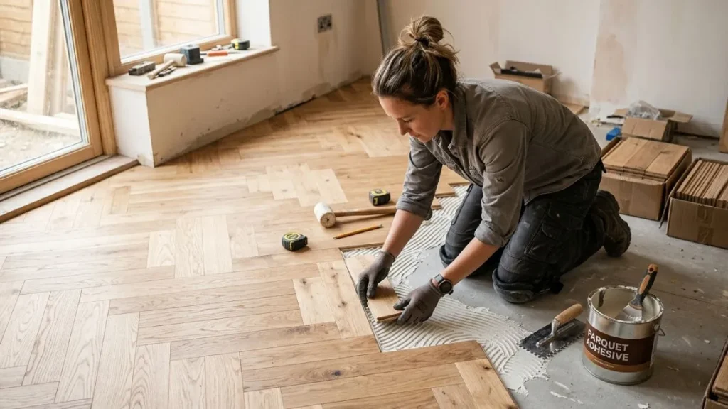 Installing parquet floor tiles