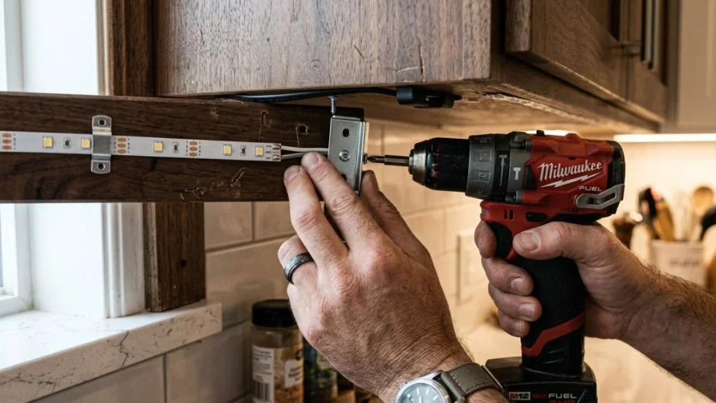 Installing under cabinet light mounting hardware