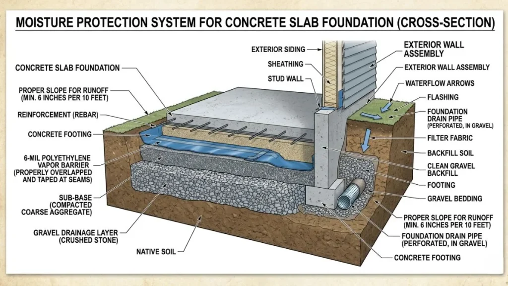 Moisture protection methods for concrete slab
