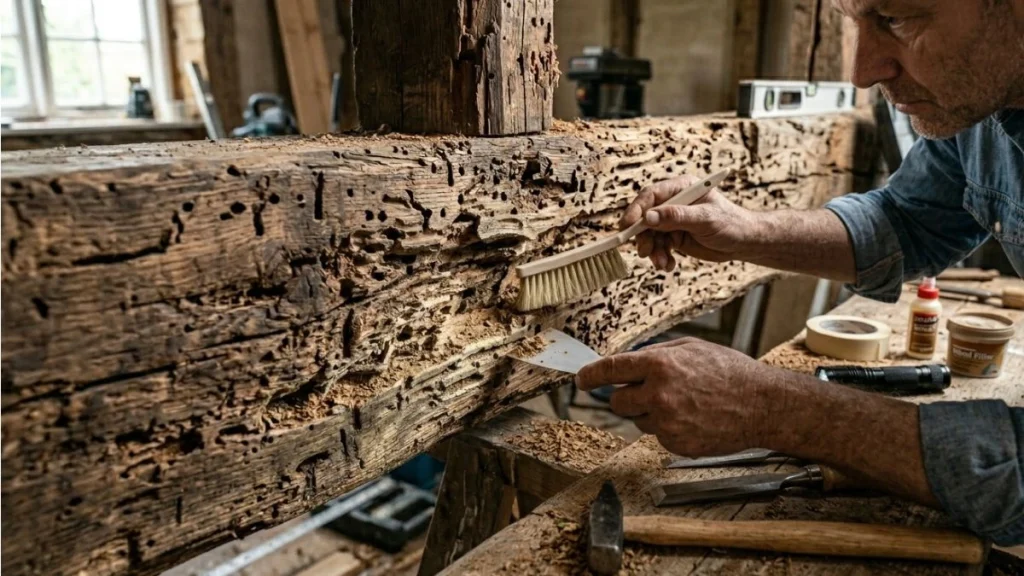 Preparing wood beam for repair