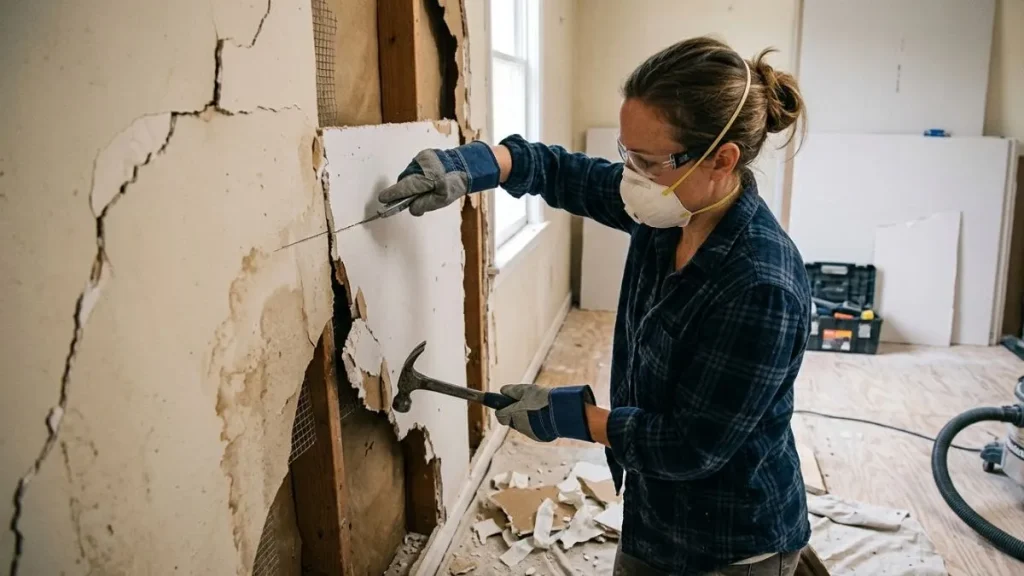 Removing damaged drywall wall repair