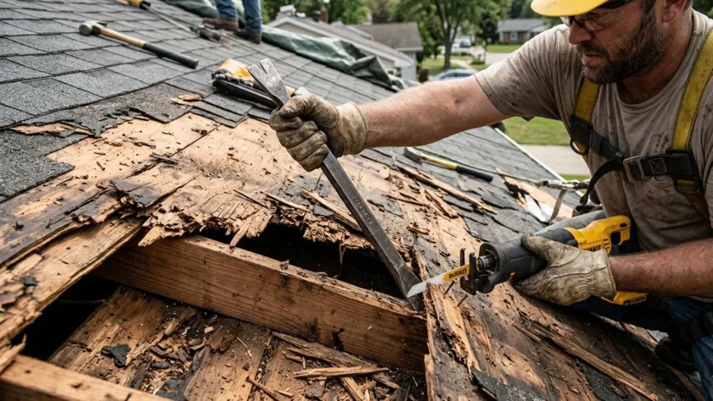 Removing damaged roof sheathing