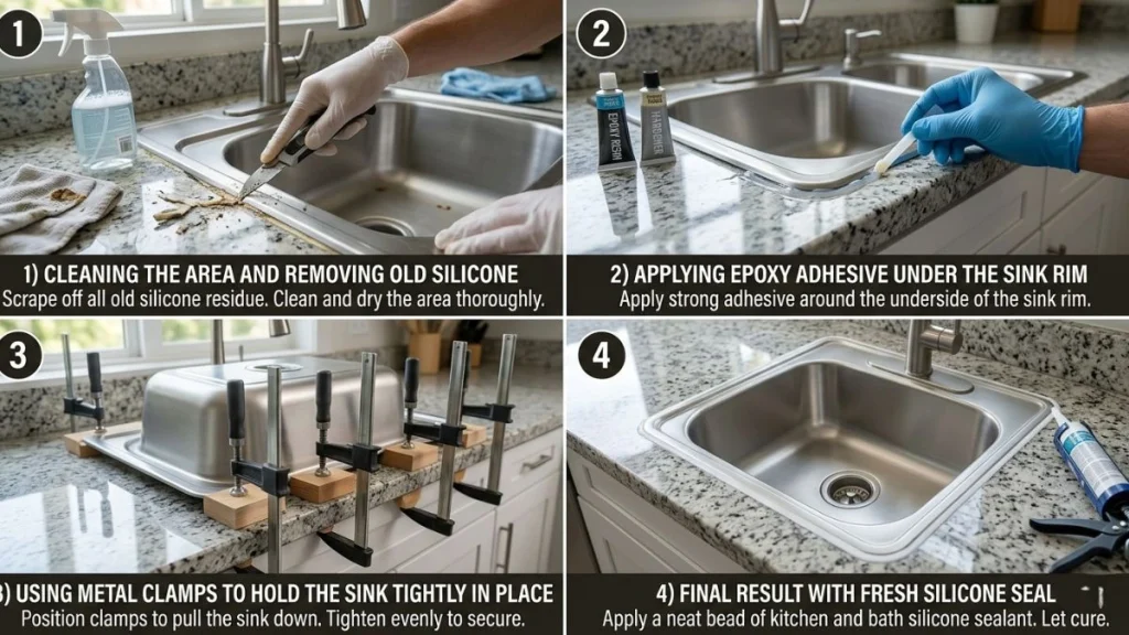Repair loose kitchen sink granite steps