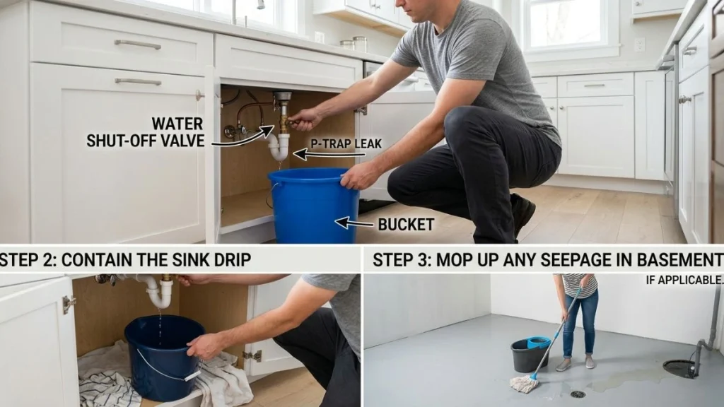 Stop kitchen sink leak immediate steps