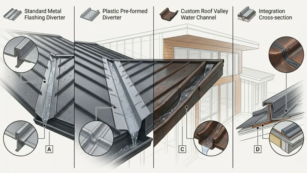 Types of roof rain diverters valley