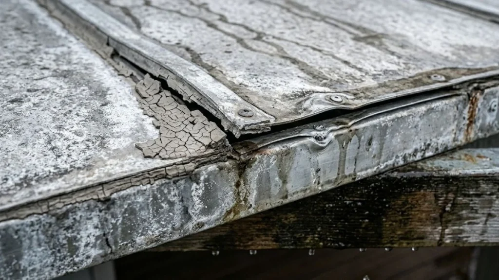 cracked-sealant-aluminum-porch-roof
