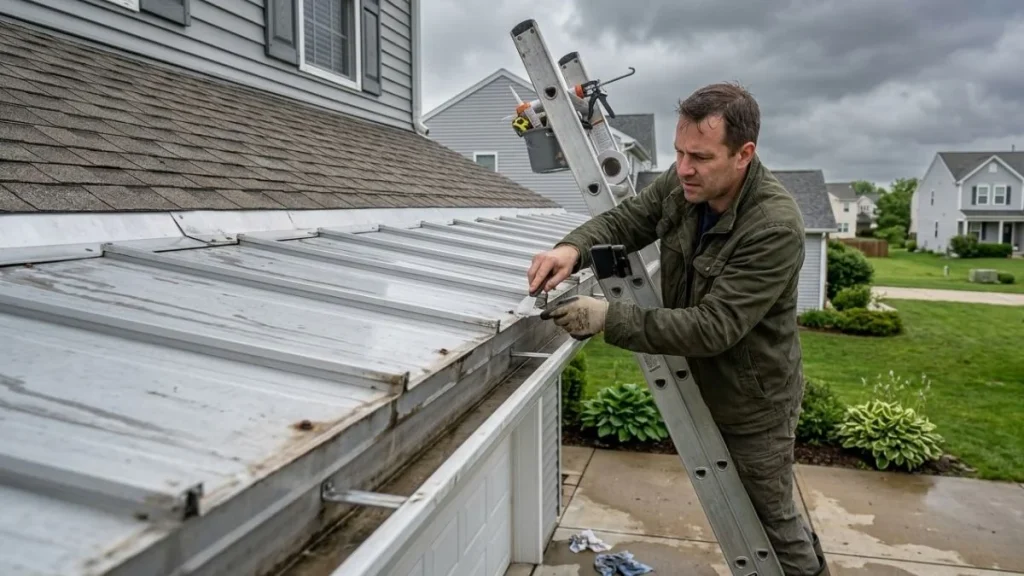 inspecting-aluminum-porch-roof-leak
