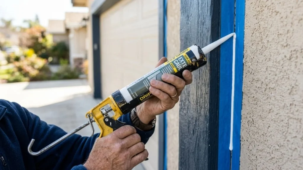 applying-caulk-around-garage-door-frame