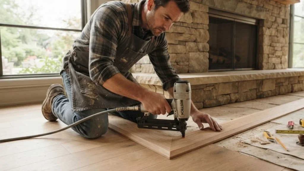 installing hardwood floor trim fireplace
