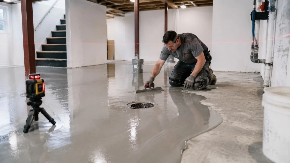 leveling-basement-floor-with-drain