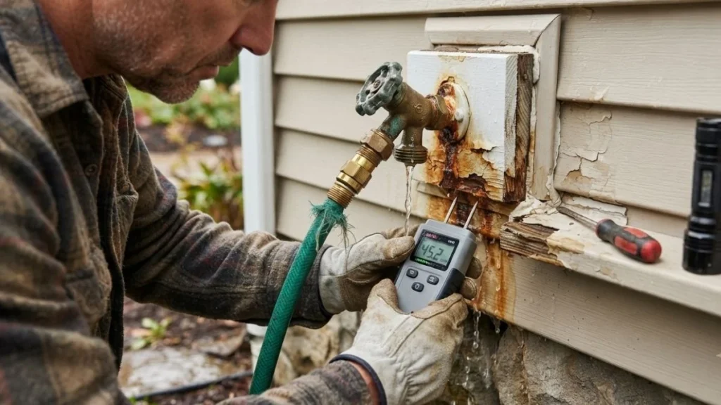 checking outdoor spigot with moisture meter
