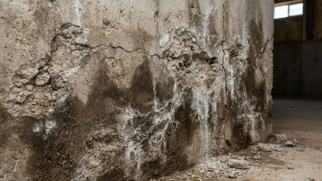 crumbling basement wall moisture damage
