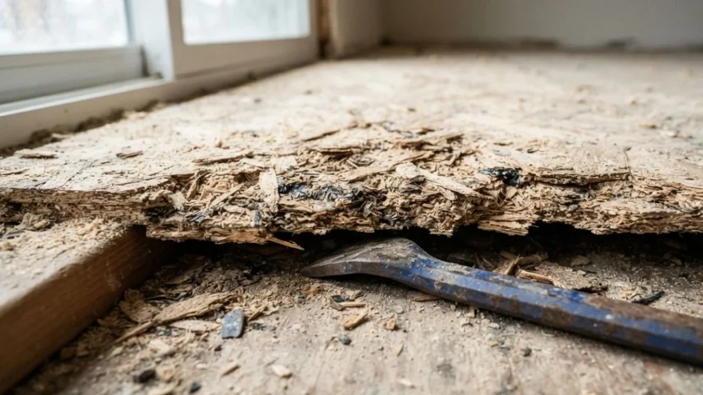 crumbling particle board subfloor damage
