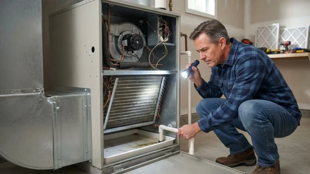 inspecting ac evaporator coil and condensate pan
