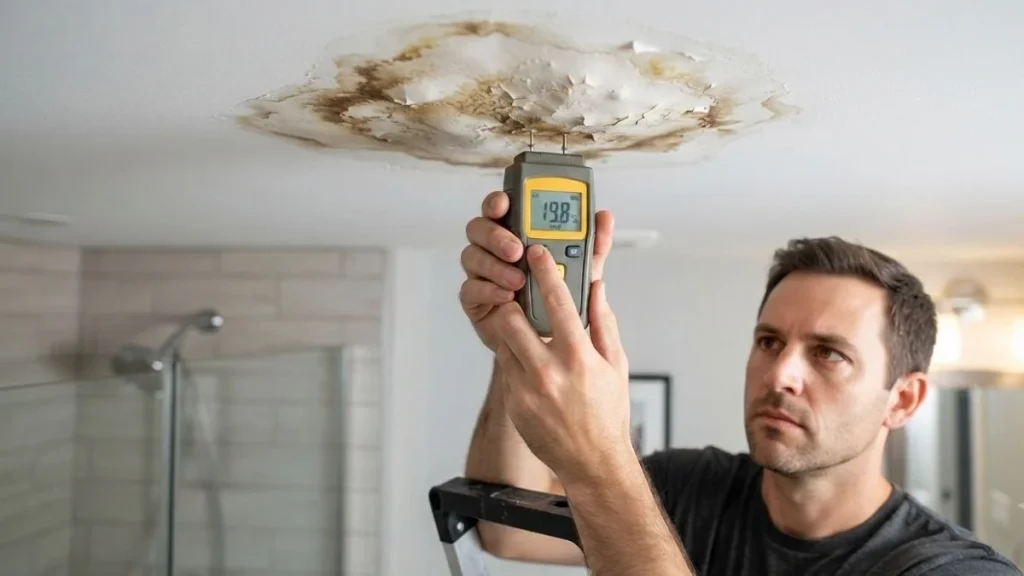 inspecting bathroom ceiling stain