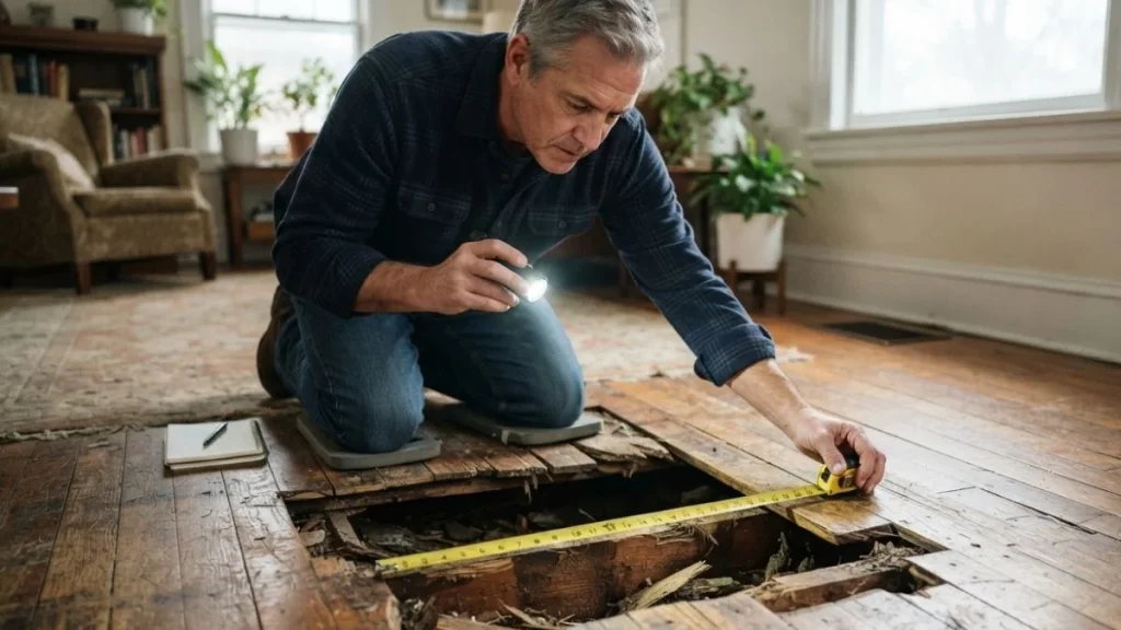 inspecting large hardwood floor hole