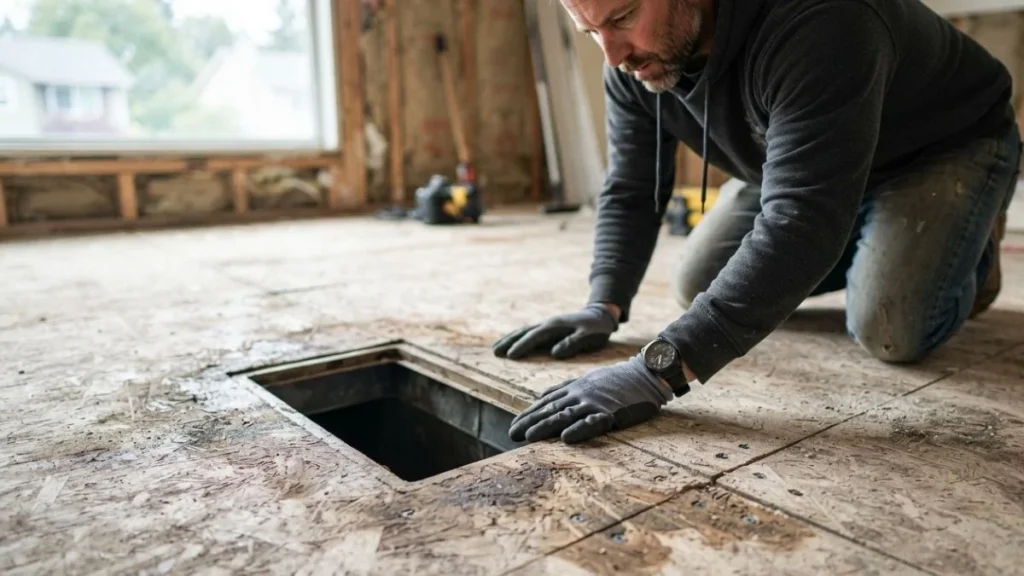 inspecting subfloor condition before removal
