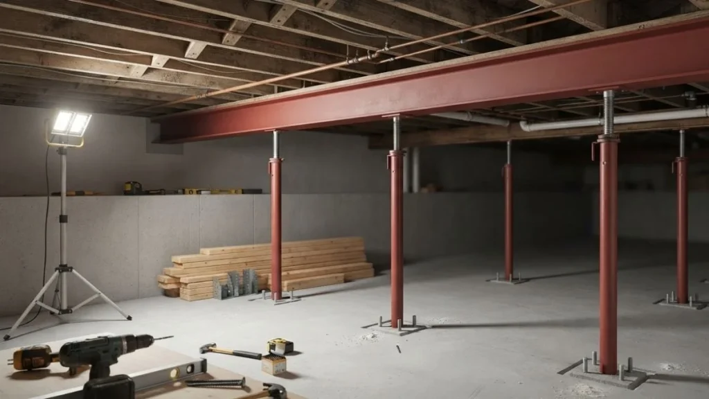 installing support beam and lally columns
