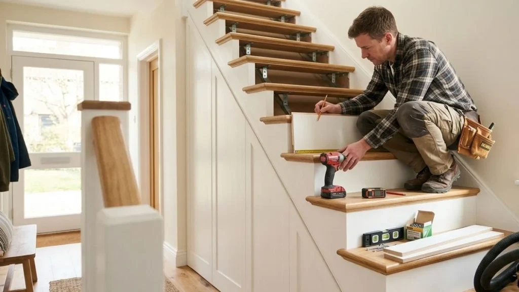 installing wood riser panels on open stairs