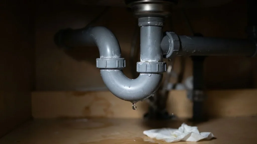 leaking p trap drain pipe under sink
