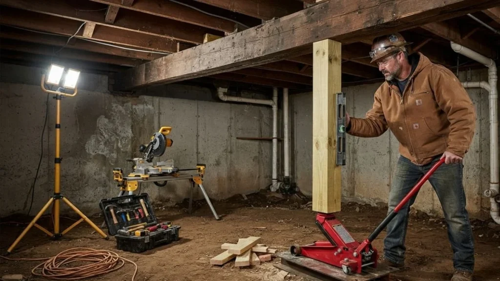 lifting sagging floor with hydraulic jack
