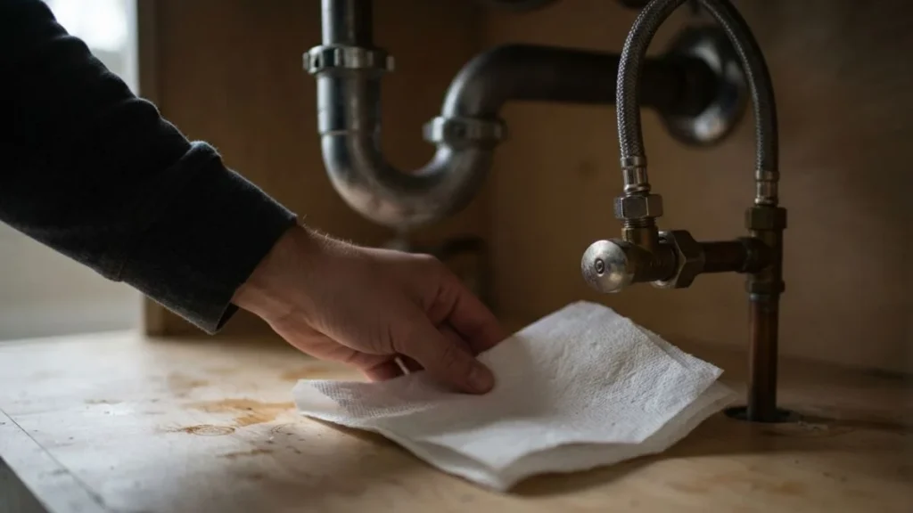 paper towel test diagnosing cabinet leak
