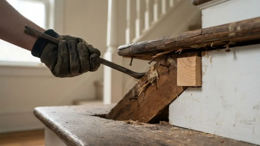 removing old cracked stair tread
