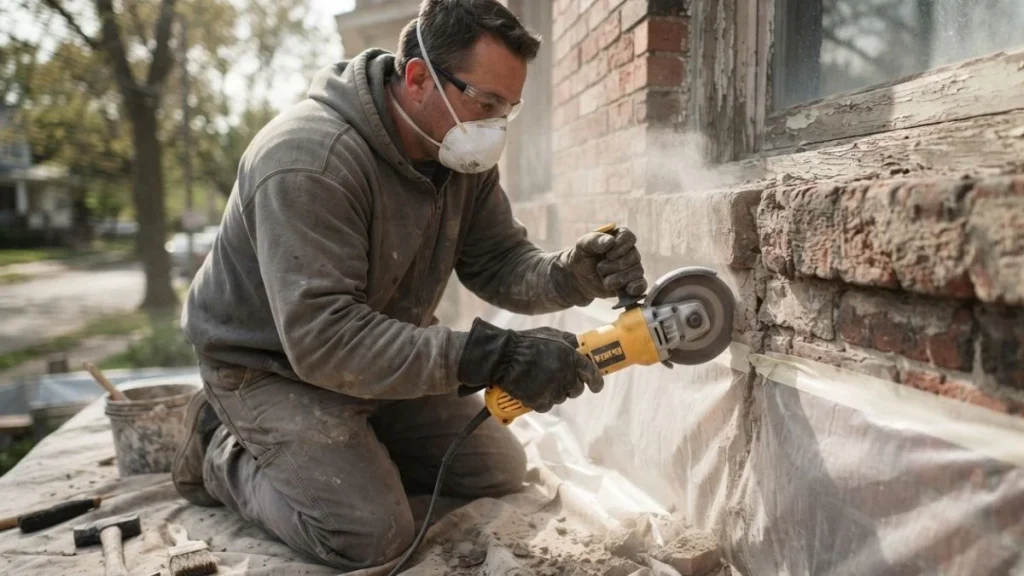removing old mortar brick sill grinder
