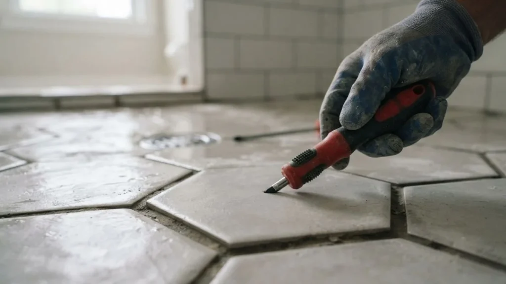 removing old shower floor tile chisel
