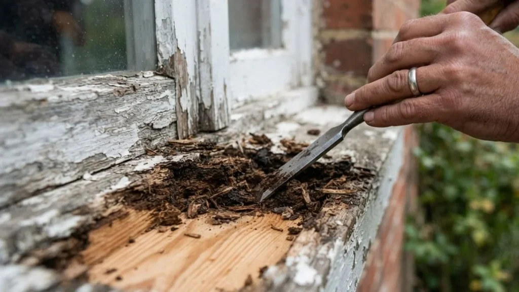 removing rotted wood window sill chisel