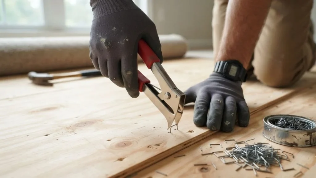 removing staples from plywood subfloor