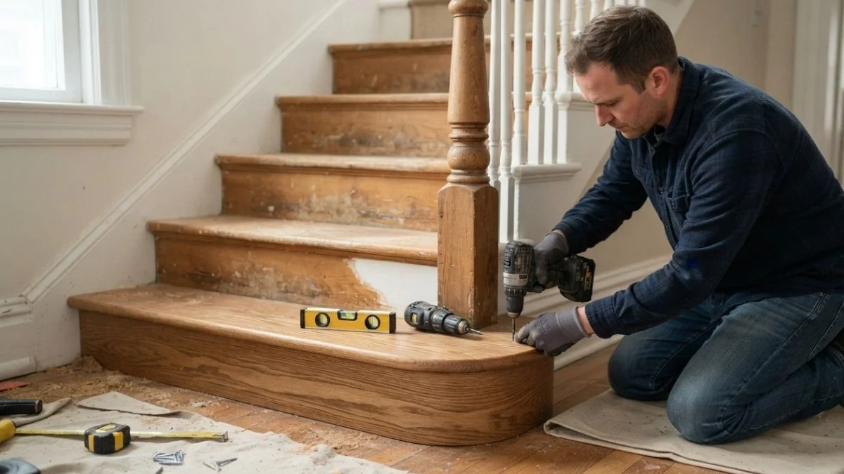 replacing bottom stair step diy
