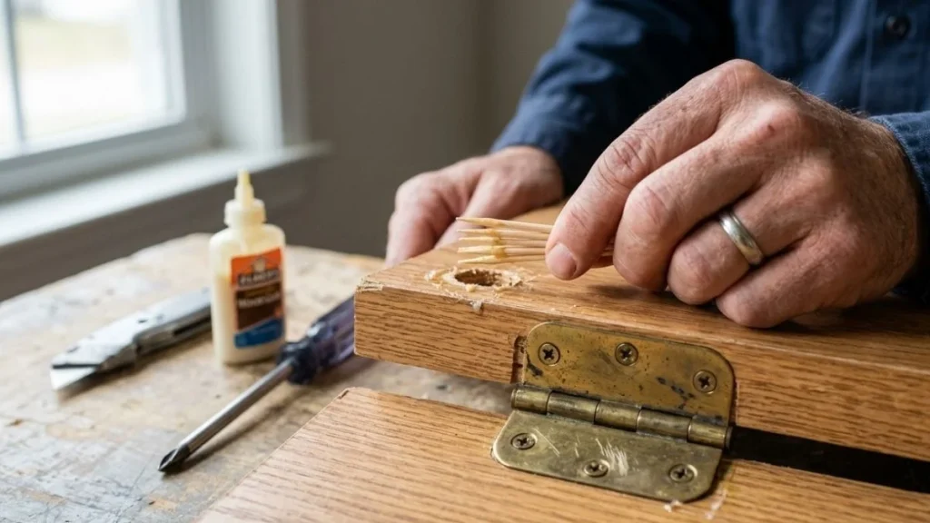 toothpick glue hinge screw repair
