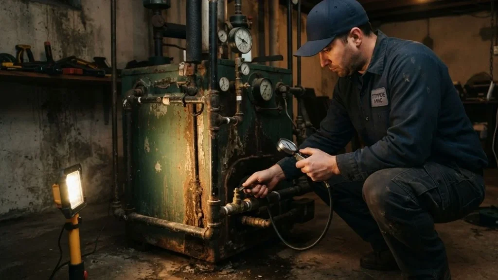 hvac technician inspecting steam boiler
