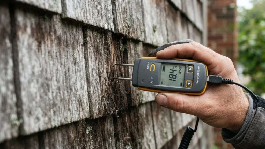 inspecting cedar shingles rot moisture meter