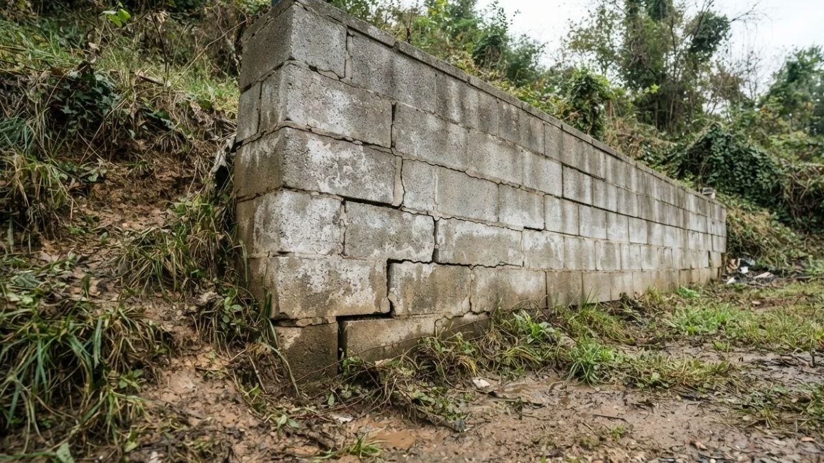 leaning cinder block retaining wall repair