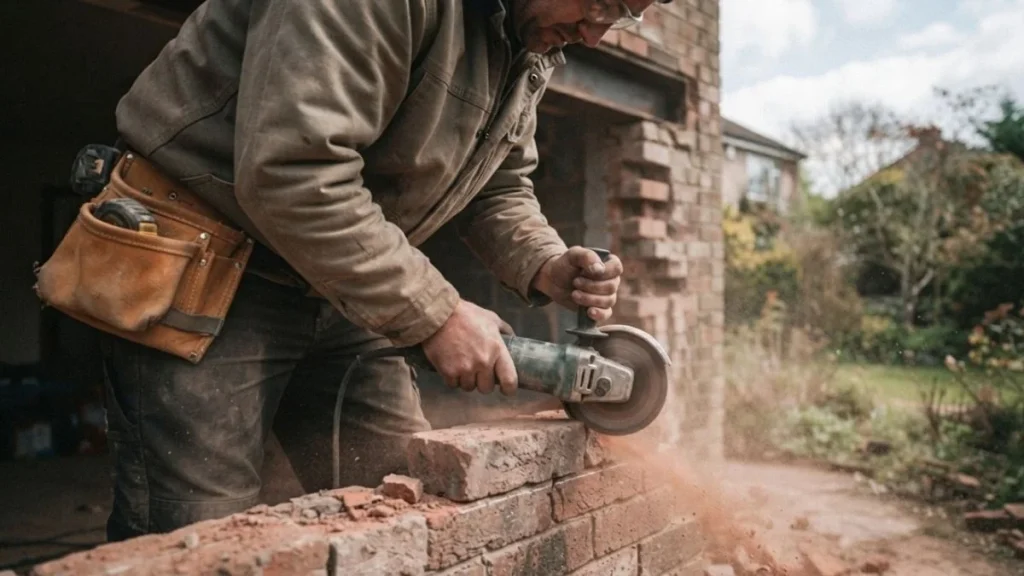 mason cutting brick window widening