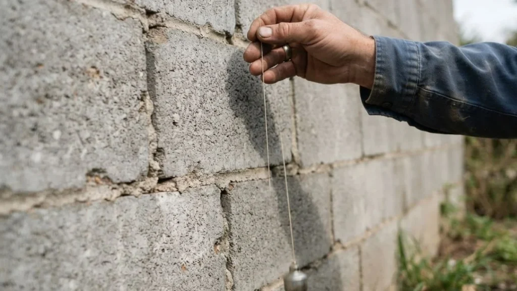 measuring wall lean with plumb bob