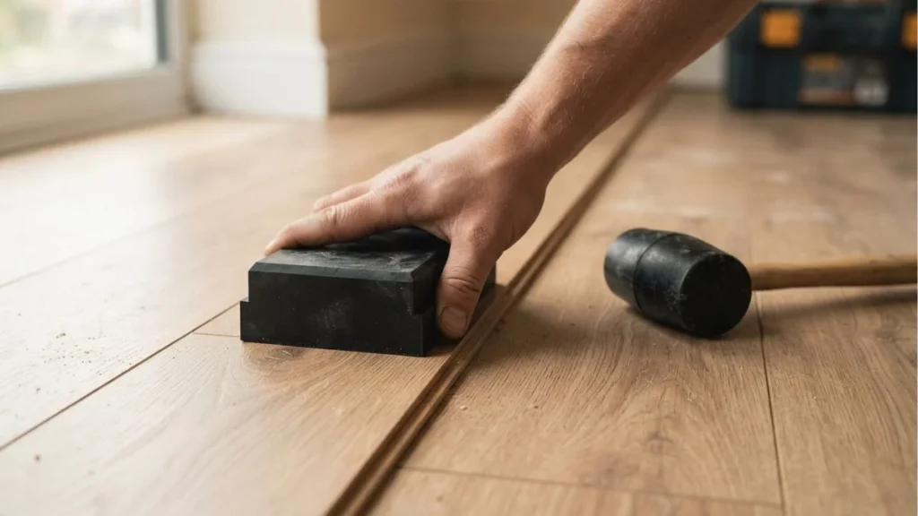 rubber mallet tapping block laminate gap repair