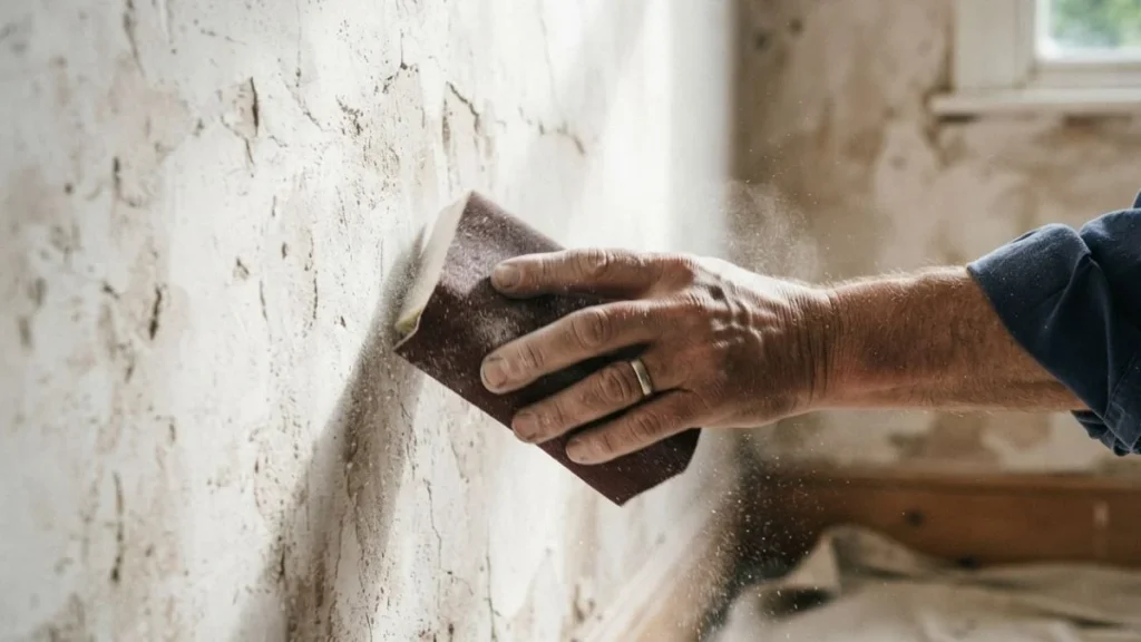 sanding plaster wall before repair
