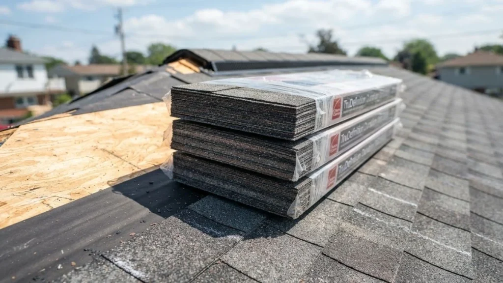 shingle bundles stacked roof ridge
