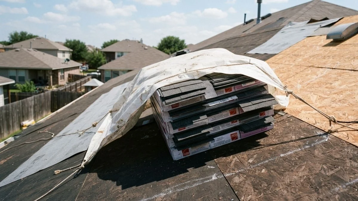shingle bundles stored on roof