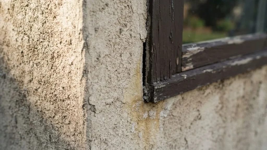 stucco window frame gap water staining