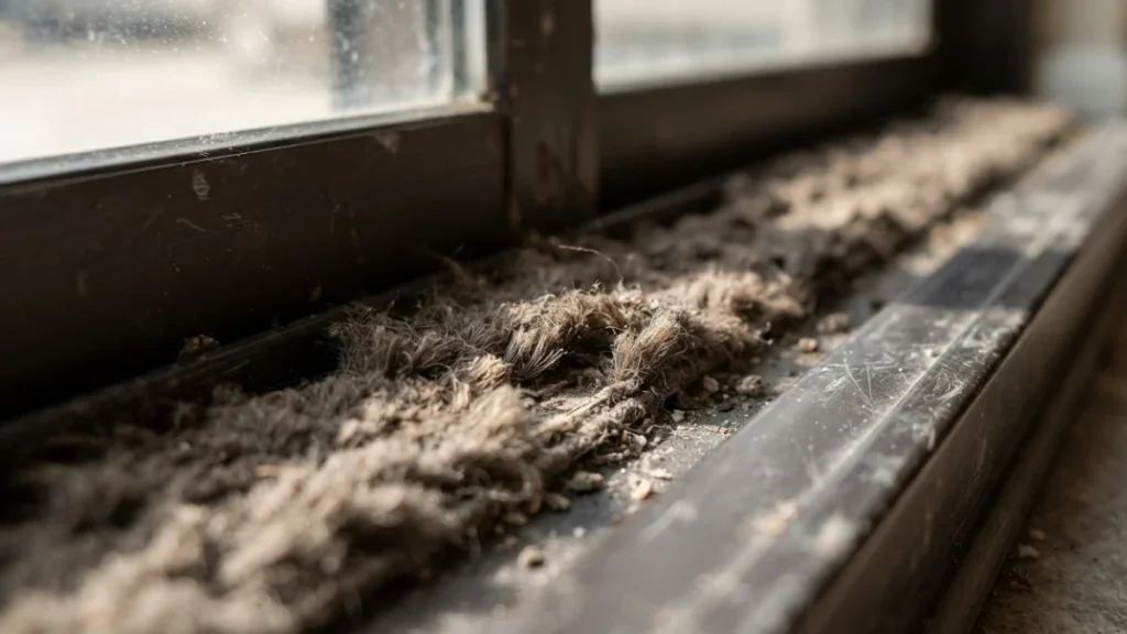worn weatherstripping sliding door frame